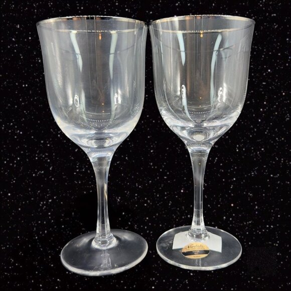 Noritake Crystal Paris Platinum Trim Wine Goblet Drinking Glass Set 2 Korea NEW - Picture 1 of 10